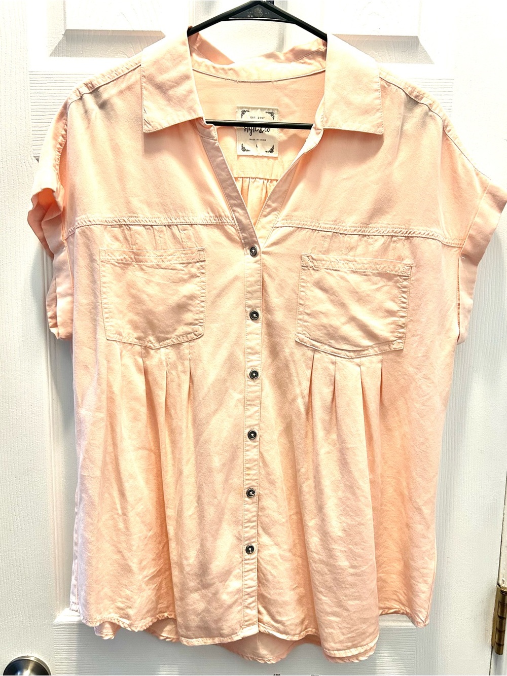 Style & Co Blouse Women's Large Soft Pink Short Sleeve Button Down Pleats Shirt
